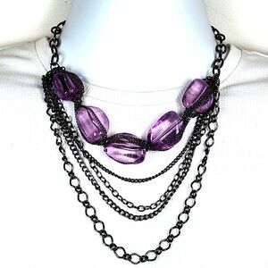 Necklace Layered Amethyst Acrylic Stones & Gunmetal Chains 22 inch